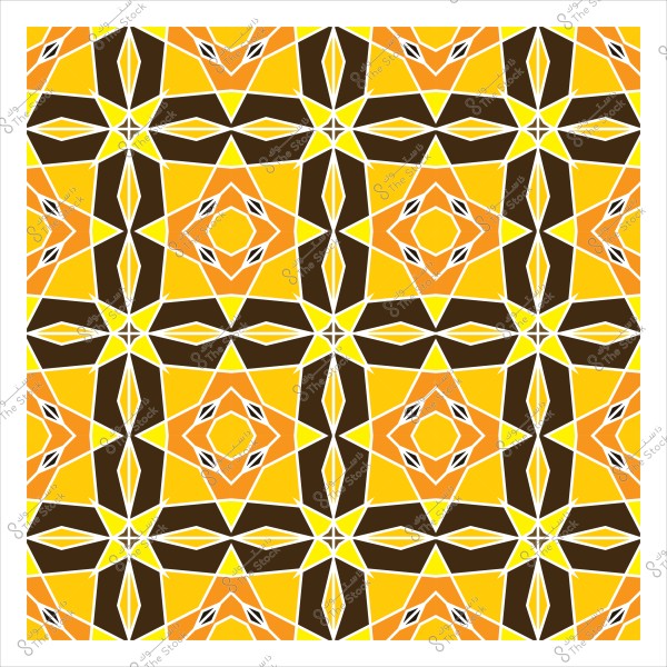 A repeating geometric pattern with yellow, orange, and brown colors. The design consists of intricate star and diamond-like shapes, with white lines accentuating the edges. The pattern conveys a sense of balance and symmetry.