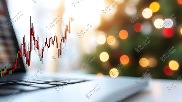 An image showing a candlestick chart related to stock market analysis, seemingly overlaid semi-transparently on a laptop keyboard. In the background, there are blurred lights in warm colors such as yellow, orange, and red.