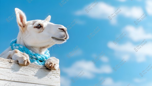An image of a white goat\'s head peeking over a low wooden barrier, with a light blue rope around its neck. The background features a blue sky with white clouds, creating a serene and peaceful atmosphere.