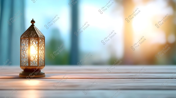 A decorative lit lantern sits on a wooden surface. The background is blurred, featuring bright sunlight. The warm colors in the background give a sense of calmness and tranquility.