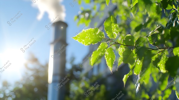 صورة تظهر أوراق شجر خضراء زاهية تتلألأ في ضوء الشمس, في حين يبدو في الخلفية مدخنة تطلق دخاناً تحت سماء زرقاء صافية. التركيز على الأوراق في المقدمة, مما يبرز الطبيعة مقابل التصنيع.