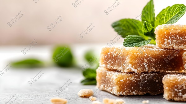 The image shows cubes of sugar-coated candy stacked neatly on top of each other. Beside them are fresh green mint leaves, adding a natural and refreshing touch. The background is blurred with neutral color gradients.