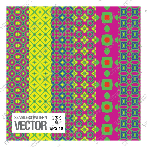 أنماط ملونة متكررة بتصاميم هندسية مختلفة على خلفية بيضاء.