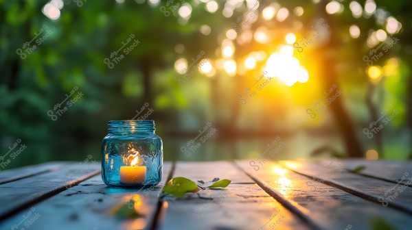 An image of a lit candle placed inside a blue glass jar on a wooden outdoor table. The photo appears to be taken during sunset, with the golden sunlight shining through the trees in the background, creating a serene and warm atmosphere. There are a few scattered leaves on the table.