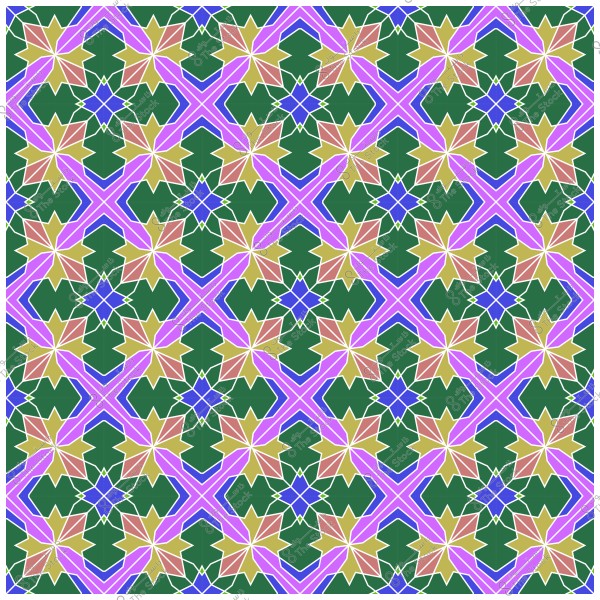 تصميم هندسي ملون بزخرفة إسلامية بألوان أخضر وبنفسجي وبني.