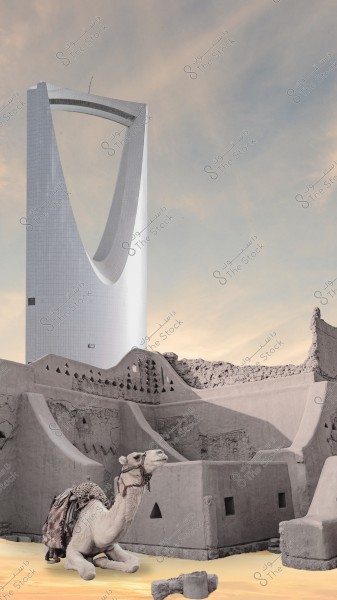 An image combining modern and traditional architecture; a large, uniquely designed modern tower is visible in the background, while traditional old mud buildings appear in the foreground. A camel sits on the sand in the foreground, adding a touch of heritage and Arabian culture to the scene. The sky appears calm and illuminated by sunlight.