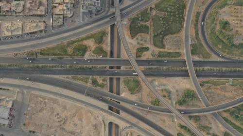 An aerial view of the capital, Riyadh, showing cloudy sky during the day, the towers in the city of Riyadh