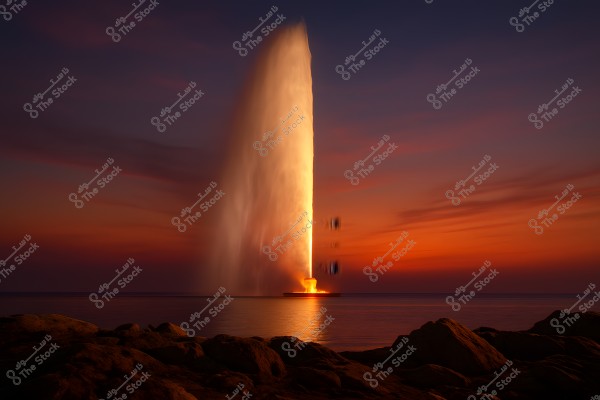 A towering fountain shoots water high into the air, illuminated by the red and orange lighting effects of the sunset sky. Rocks are visible in the foreground, while the calm sea stretches beneath the fountain, reflecting the stunning colors of the sky.