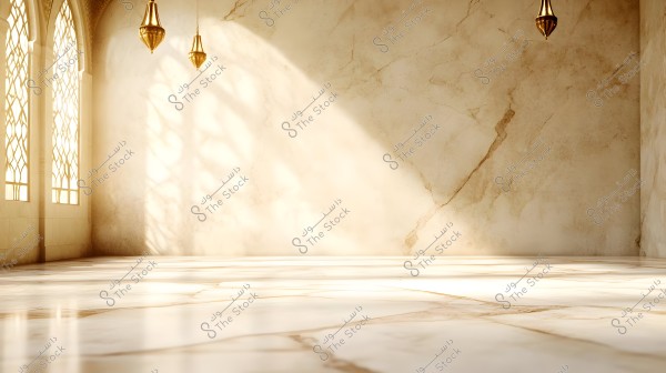 An interior room illuminated by sunlight streaming through large windows with geometric designs, casting shadows on the shiny marble floor. The walls are adorned with subtle decorations, and four pendant lights with a classic gold design hang from the ceiling.