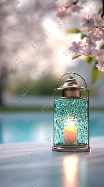 A decorative blue glass lantern containing a lit candle, placed on a wooden surface. In the background, there are pink cherry blossoms and green leaves in a blurred setting, with a glimpse of a pool\'s edge.