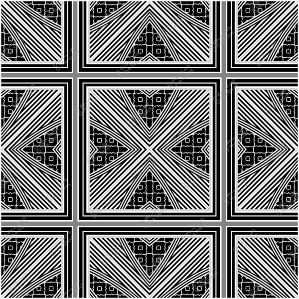 نمط هندسي أبيض وأسود بخطوط متقاطعة وأنماط زهرية متكررة.