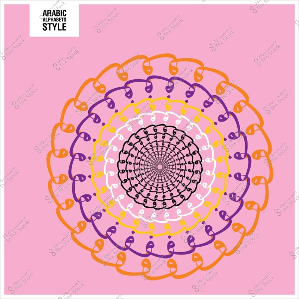 An intricate artistic design featuring sequential circles in various colors, repeating in a geometric pattern with shapes inspired by Arabic letters, set against a pink background.