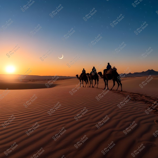 A sunset scene in the desert showing three camels walking in a line on the sand dunes. The sky is partially dark with a crescent moon and a few stars visible. The golden hue and rippling sand convey a sense of tranquility and natural beauty.