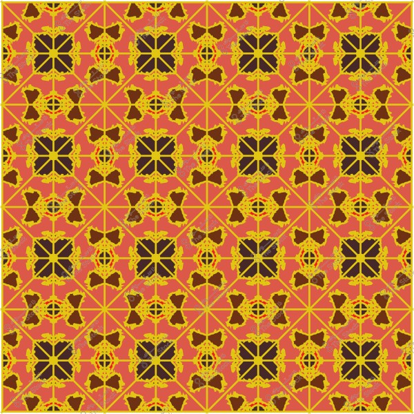 Repetitive geometric pattern in orange, yellow, and black, featuring intricate decorative shapes and intersecting designs.