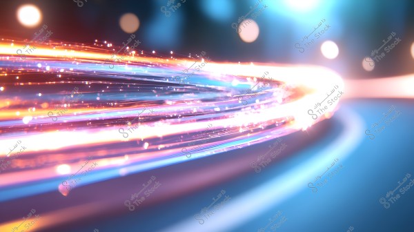 Multicolored light trails stretch across the scene, resembling glowing light paths with hues of red, blue, and purple. The background is blurred with dark tones and scattered circular light spots, creating a dynamic and lively effect.