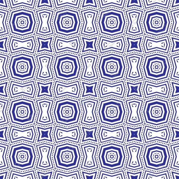 نمط هندسي متكرر باللونين الأزرق والأبيض يحتوي على أشكال معقدة متعددة الأضلاع والنجوم الصغيرة. التصميم يشبه الفنون الإسلامية والتكرارات الهندسية, مع خطوط دقيقة توحي بالتناظر.