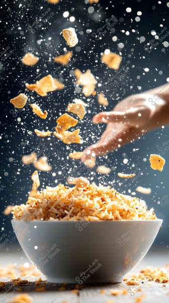 A white bowl of cooked rice with various herbs and spices, as pieces of bread or crisps are tossed above the rice, creating a dynamic scene with backlighting and visible motion details.