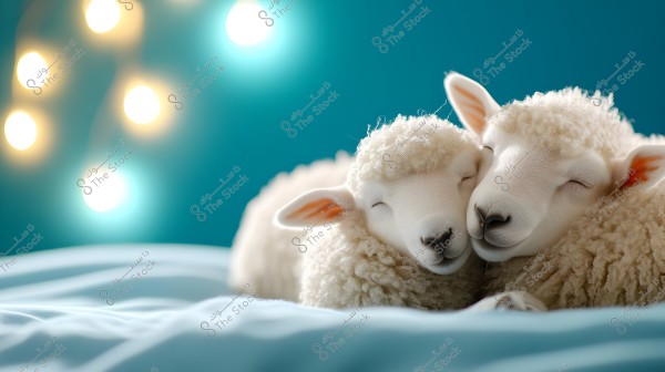 Two small lambs lying on a smooth blue surface, with closed eyes, appearing to be hugging. Soft circular lights in the background add a touch of warmth and calmness to the scene.