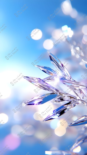The image shows a close-up focus on transparent crystal snowflakes sparkling in sunlight. The background consists of a blue sky and some bright white spots due to light reflections.