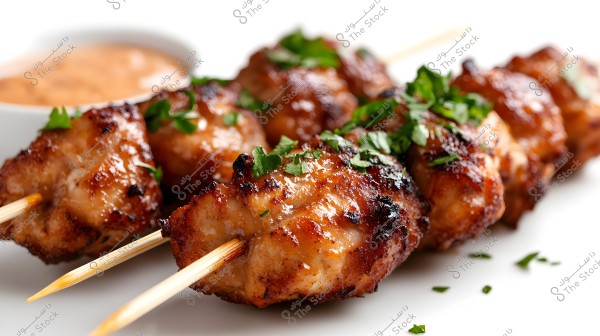 Image showing skewers of beautifully seasoned grilled chicken garnished with fresh cilantro leaves. A bowl of creamy brown sauce is in the background. The dish is served on a clean white plate.
