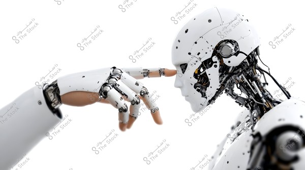 Image shows a modern and intricate robot, touching its forehead with another robotic finger. The image highlights the metallic and mechanical details of the robot in white with exposed wires. The face has human-like mechanical features with details of electronic components.