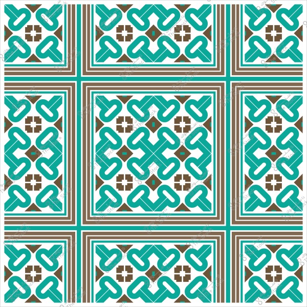 Islamic geometric decorative design with brown and turquoise blue colors on a white background.