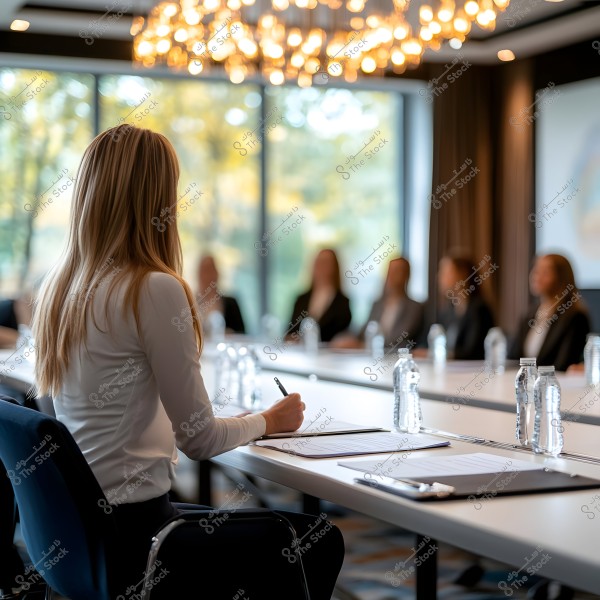 A group of people are gathered in a modern conference room with decorative pendant lighting. In the foreground, a woman is sitting on a chair and taking notes at a table equipped with water bottles. She is wearing a white top, attending a formal meeting or presentation. Large windows reveal an outdoor scene with green trees.