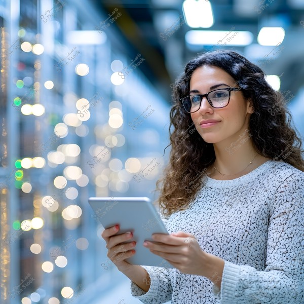 A woman wearing glasses and a white sweater stands in a data center or server room, holding a tablet. The background features soft bokeh lights, creating a calm atmosphere with electronic wires.