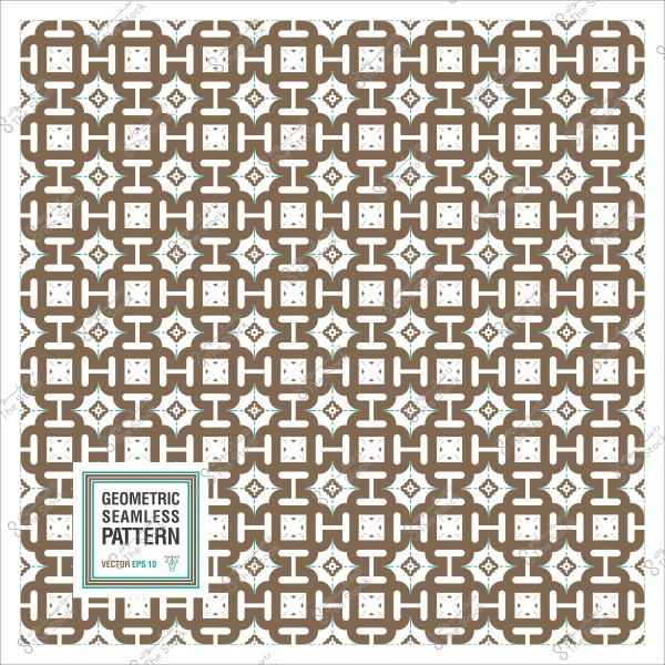 Geometric seamless pattern in brown with white edges featuring intersecting squares and dots.
