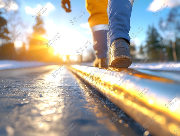 An image of a person walking on an icy surface lit by golden sunlight. The person is seen from behind, wearing winter boots and blue pants. The icy ground has a glistening texture with sunlight creating a striking contrast against the blue sky and trees in the background.