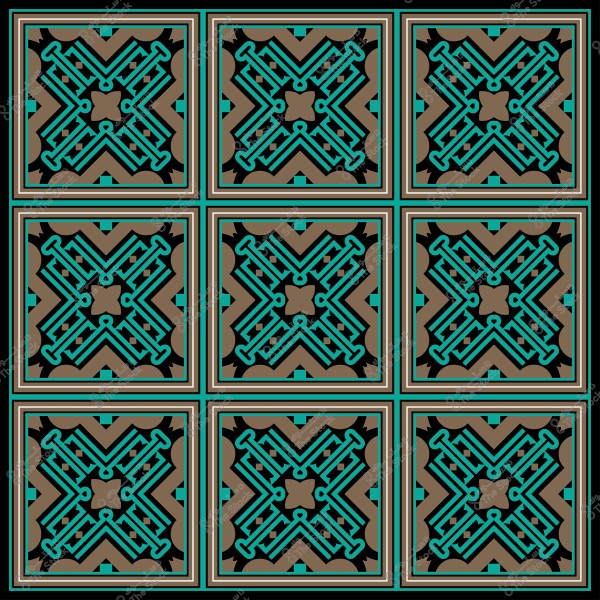نمط هندسي متماثل يتكون من مربعات بزخارف متكررة بألوان تركواز وبني وأسود.