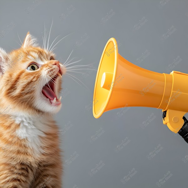 A small kitten with orange and white fur is seen with its mouth open next to an orange megaphone. The background is light gray, highlighting the details of the kitten and the megaphone.