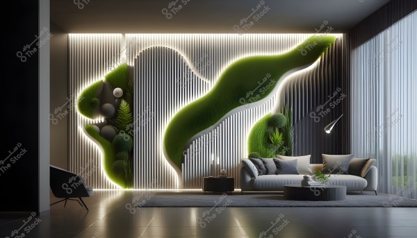A modern living room featuring an illuminated artistic wall incorporating green plants, white circles, and rock decorations. The furniture includes a gray sofa with cushions and a small round table with green plants. Sheer curtains allow natural light to enter, while a modern metallic floor lamp lights up the corner.