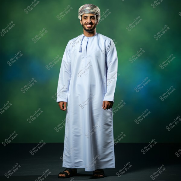 A portrait of a man standing and smiling, wearing traditional Omani attire, consisting of a clean white dishdasha and a traditional Omani cap on his head. The background features shades of green and blue.