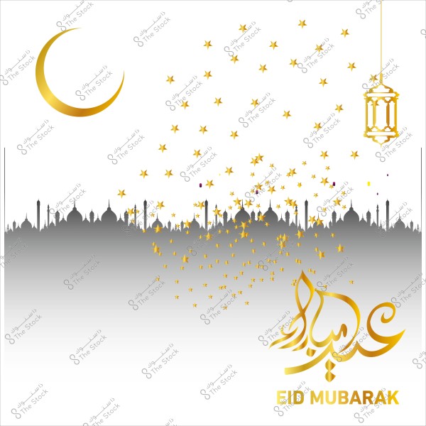 رسمة تعبر عن عيد مبارك, تحتوي على هلال ذهبي وفوانيس ونجوم ذهبية مع خلفية لأفق مسجد وكلمة "عيد مبارك" مكتوبة بالخط العربي.