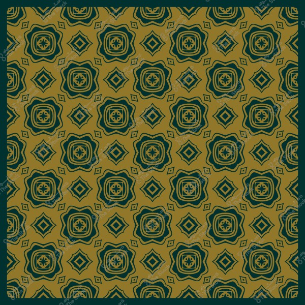 Geometric decorative pattern with floral shapes and interlocking squares in green and brown colors.
