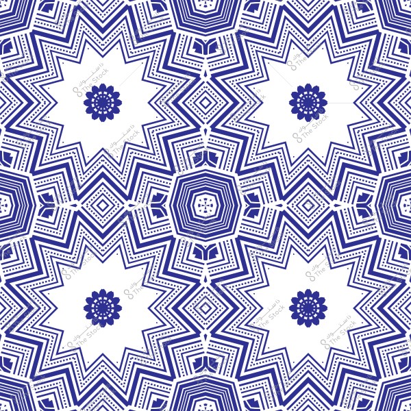نمط هندسي باللونين الأبيض والأزرق الداكن يحتوي على أشكال نجمية تتكرر في التصميم. الأشكال مزخرفة بخطوط ونقاط متماثلة تناسقًا مع بعضها البعض.
