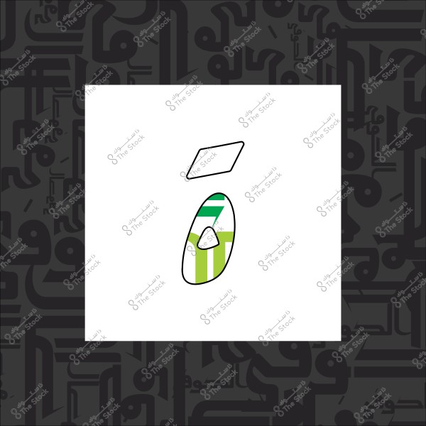 تصميم فني لرقم سبعة باللونين الأخضر والأبيض مدمج بطريقة هندسية, بخلفية تحتوي على أشكال عربية رمادية.