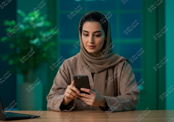 An image of a woman wearing an abaya and headscarf, sitting at a desk and looking at a mobile phone in her hands. In the background, there is a plant and some green and blue colors, with a laptop on the desk in front of her.