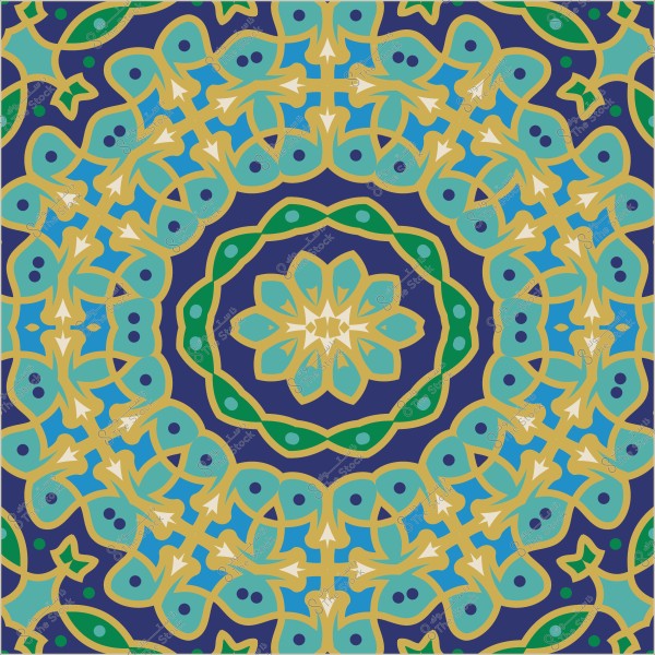 تصميم هندسي إسلامي بألوان زرقاء وخضراء وذهبية مع تفاصيل معقدة على خلفية داكنة.