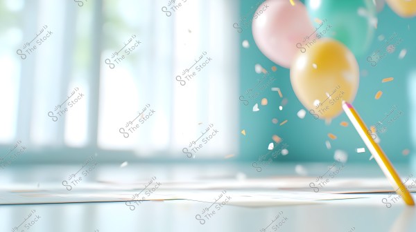 Image showing colorful balloons floating in the air in a bright room. The balloons are yellow, pink, and green, and a colored pencil is leaning at an angle on a tabletop. Confetti is scattered joyfully in the air.