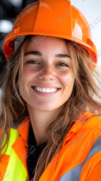 A portrait of a smiling woman wearing an orange safety helmet and an orange and yellow reflective jacket, suggesting a professional work environment related to construction or engineering.
