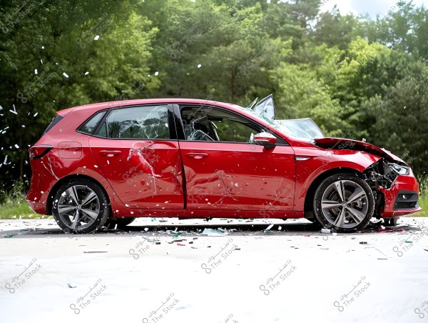 A severely damaged red car in a crash, with visible damage to the front and side. Debris and shattered glass are scattered around the vehicle. The background features dense green trees and foliage.