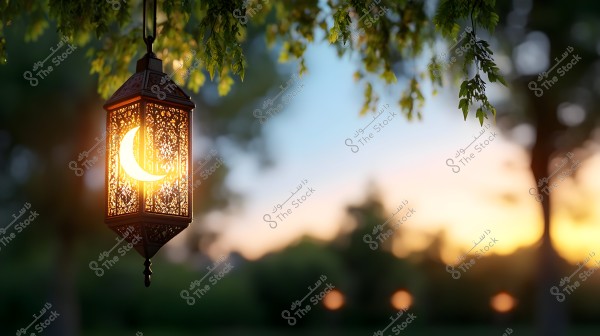 A metal lantern emits a warm light, featuring a prominent crescent in its intricate design, hanging among green tree branches. The background shows a blurred natural scene at sunset, with a blend of orange and blue hues in the sky.