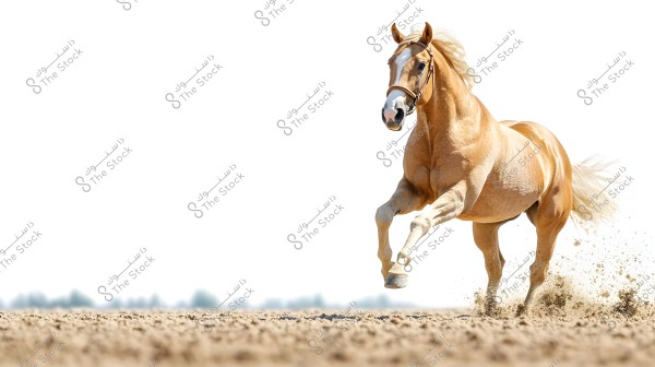 A light brown horse running swiftly on a dirt ground, with dust kicking up behind it. The horse\'s muscles are clearly defined, expressing vitality and motion. The background is bright and white, suggesting freedom and openness.