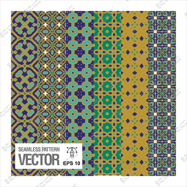 أنماط زخرفية متكررة بألوان زرقاء وخضراء وذهبية في تصميم متنوع.