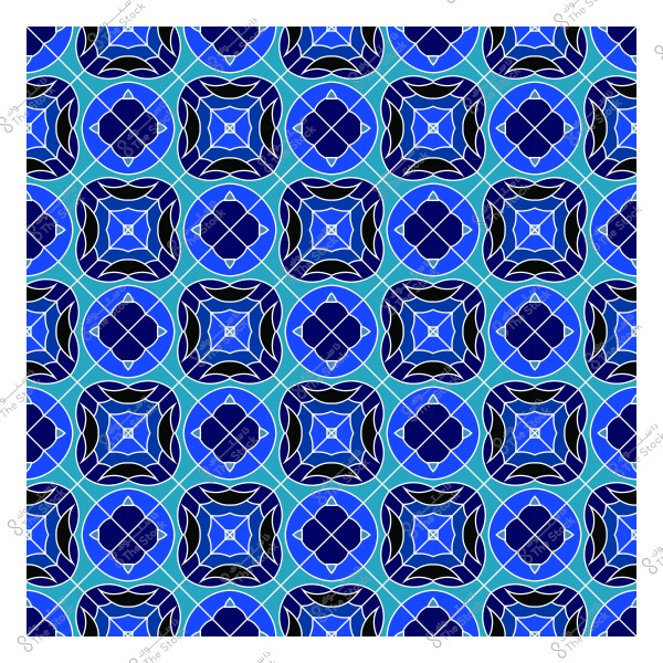 نمط هندسي متكرر بأشكال دائرية ومربعات زرقاء وسوداء.