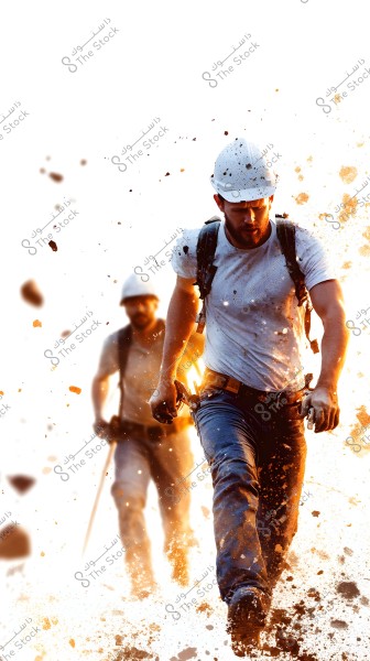 Image of two men wearing white safety helmets and work clothing, including white shirts and blue pants. The man in the foreground is clearly visible while the other is in the background. The image features visual effects suggesting movement or an explosion with dust and debris flying around them.