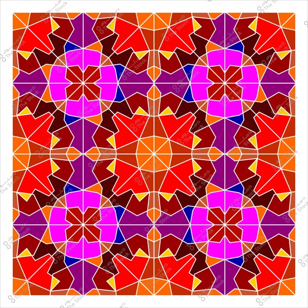 نمط هندسي متشابك بألوان زاهية يشمل الأحمر, الوردي, البرتقالي, والأزرق, مصمم كتكرار للوحدات النجمية والمضلعات المتداخلة بشكل متناظر. النمط يظهر كلوحة فسيفساء تتميز بتفاصيل دقيقة وتوزيع متناسق للألوان والأشكال.

-