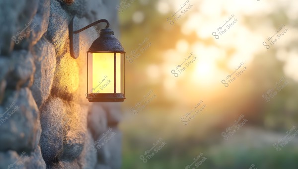 An old metal lantern mounted on a stone wall emits a soft golden light with a blurred green background and faint evening sunlight.